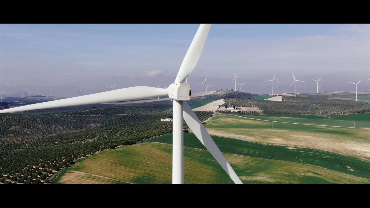 Aerogeneradores vistos desde el aire durante una grabación con dron