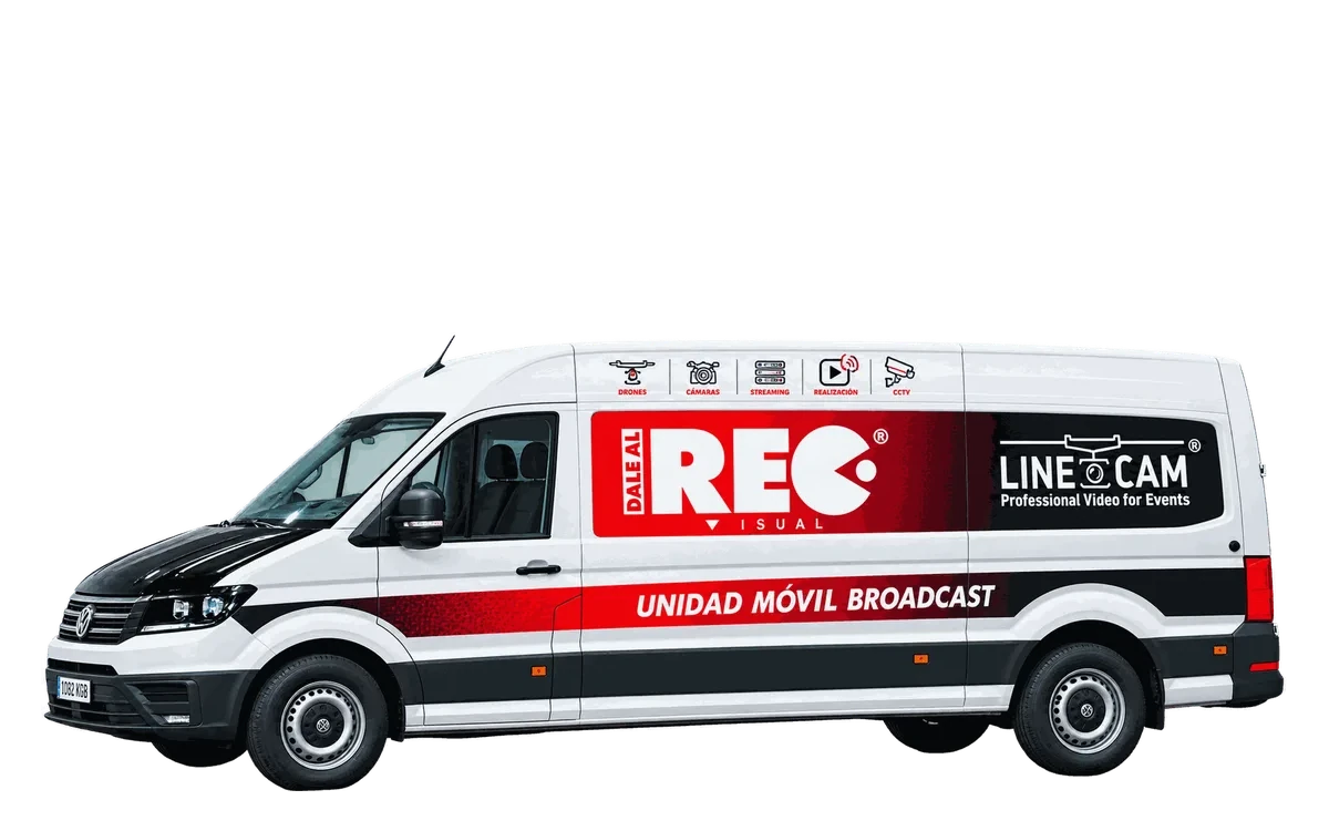 Unidad móvil broadcast rotulada de Dale al REC y LineCam